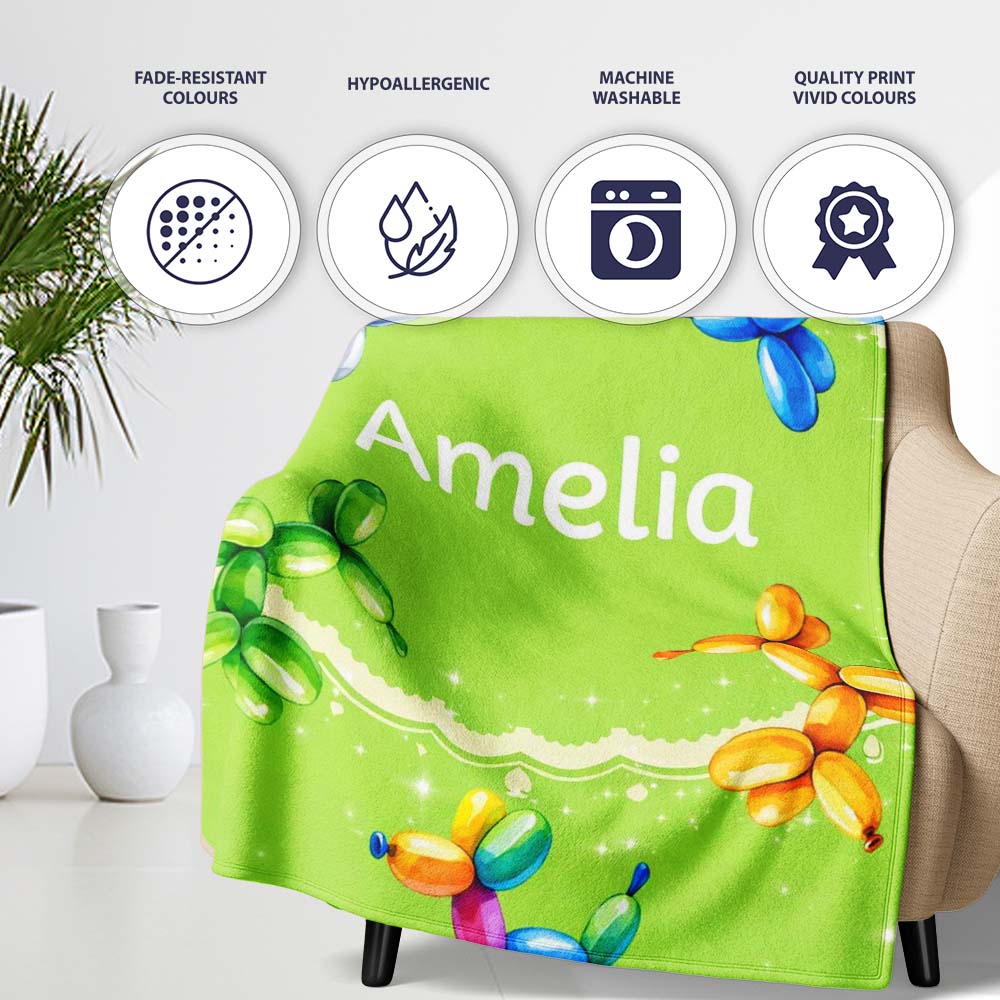 Balloon Dog Seamless Pattern Green Background Colorful Party Design Personalised Custom Name Super Soft Fleece Blanket Bed Sofa Throw