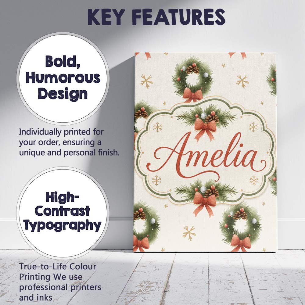 Personalised Name Festive Christmas Wreath Custom Unique Gift Idea Elegant Feature Canvas Wall Art Print Decor Picture Ready to Hang