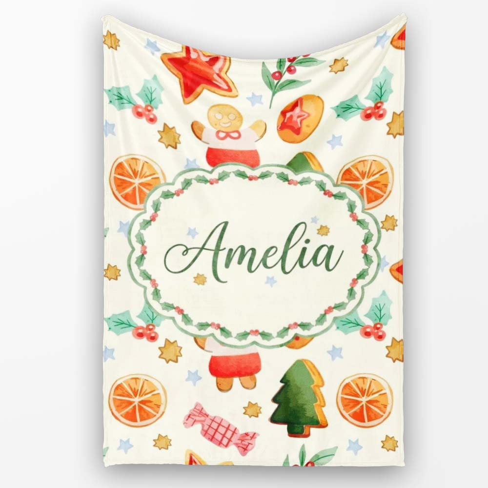 Cute Gingerbread Cookies Candy Orange Slice Christmas Seamless Personalised Custom Name Super Soft Fleece Blanket Bed Sofa Throw