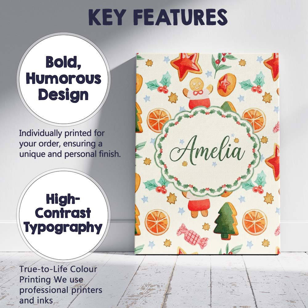 Personalised Name Cute Gingerbread Cookies Custom Unique Gift Idea Elegant Feature Canvas Wall Art Print Decor Picture Ready to Hang