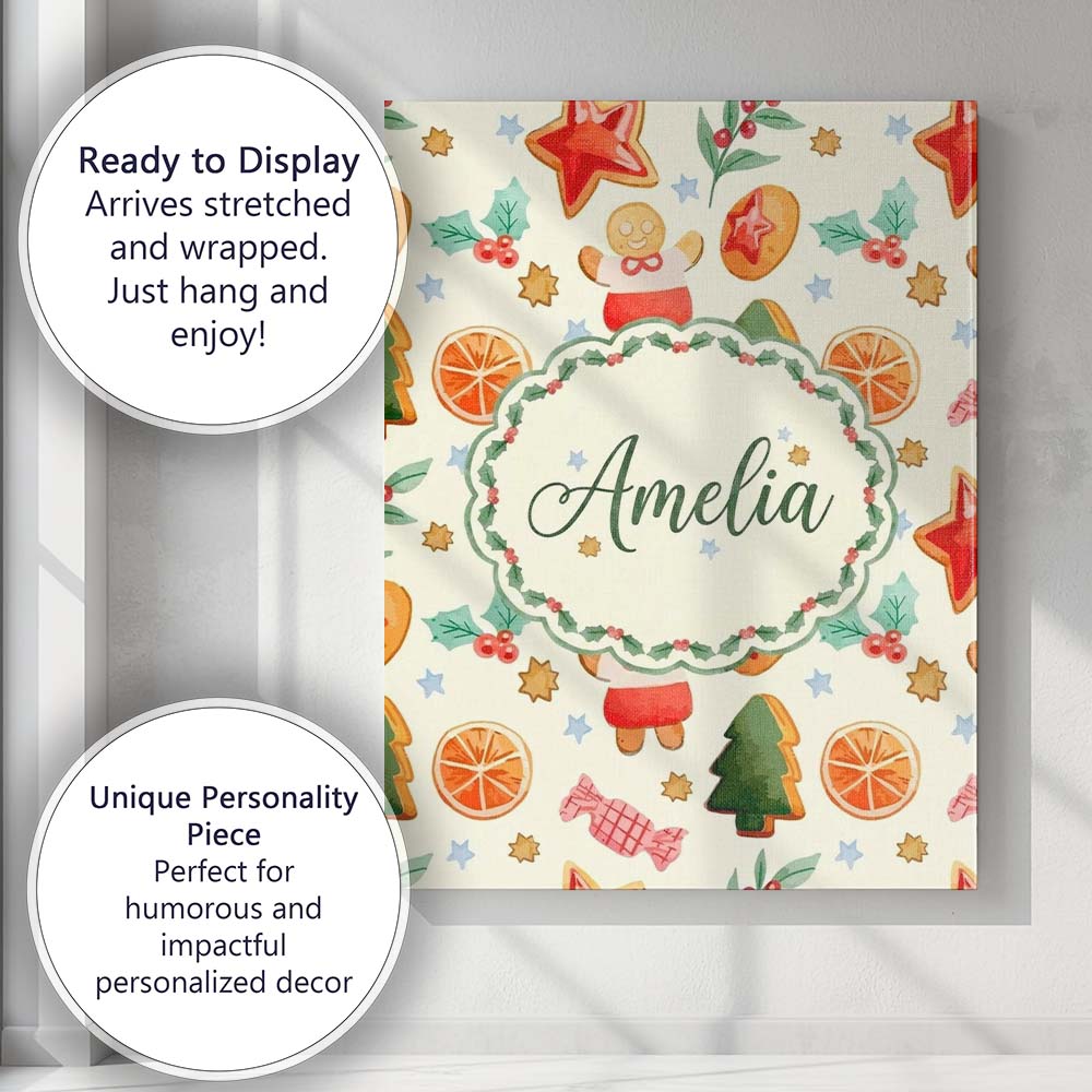 Personalised Name Cute Gingerbread Cookies Custom Unique Gift Idea Elegant Feature Canvas Wall Art Print Decor Picture Ready to Hang