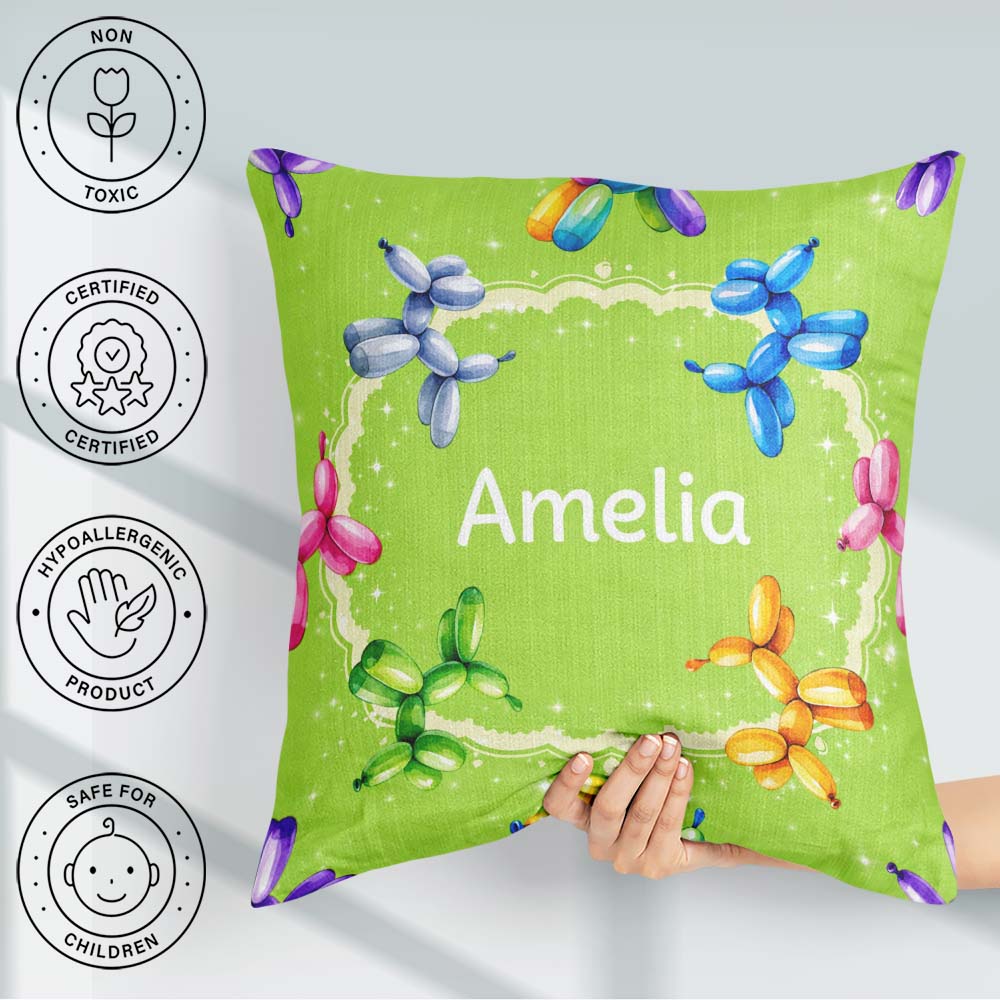 Custom Name Balloon Dog Seamless Green Background Colorful Party Square Filled Cushion Throw Pillow Sofa Bed Home Decor Zip Washable UK Made