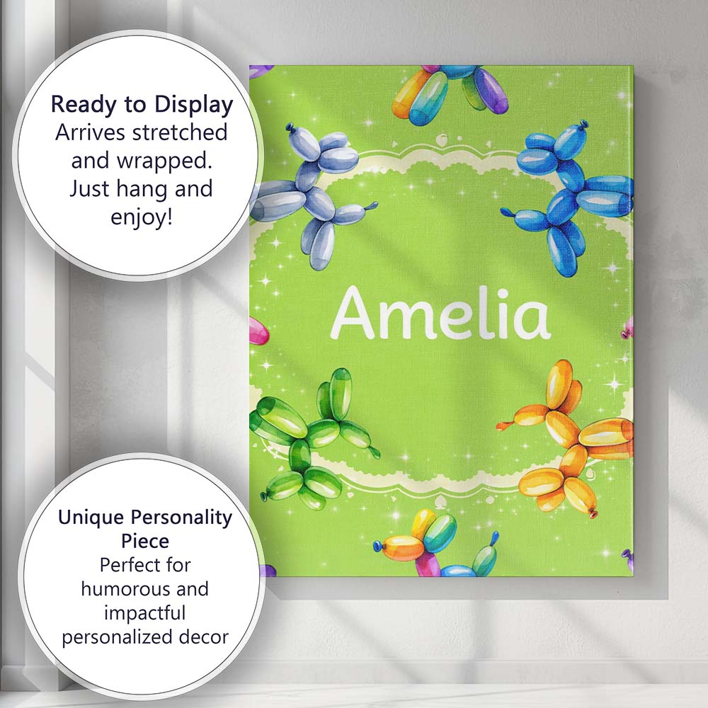 Personalised Name Balloon Dog Seamless Pattern Green Background Custom Statement Canvas Wall Art Print Decor Picture Ready to Hang