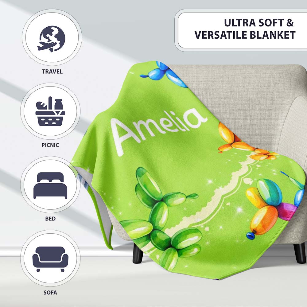 Balloon Dog Seamless Pattern Green Background Colorful Party Design Personalised Custom Name Super Soft Fleece Blanket Bed Sofa Throw