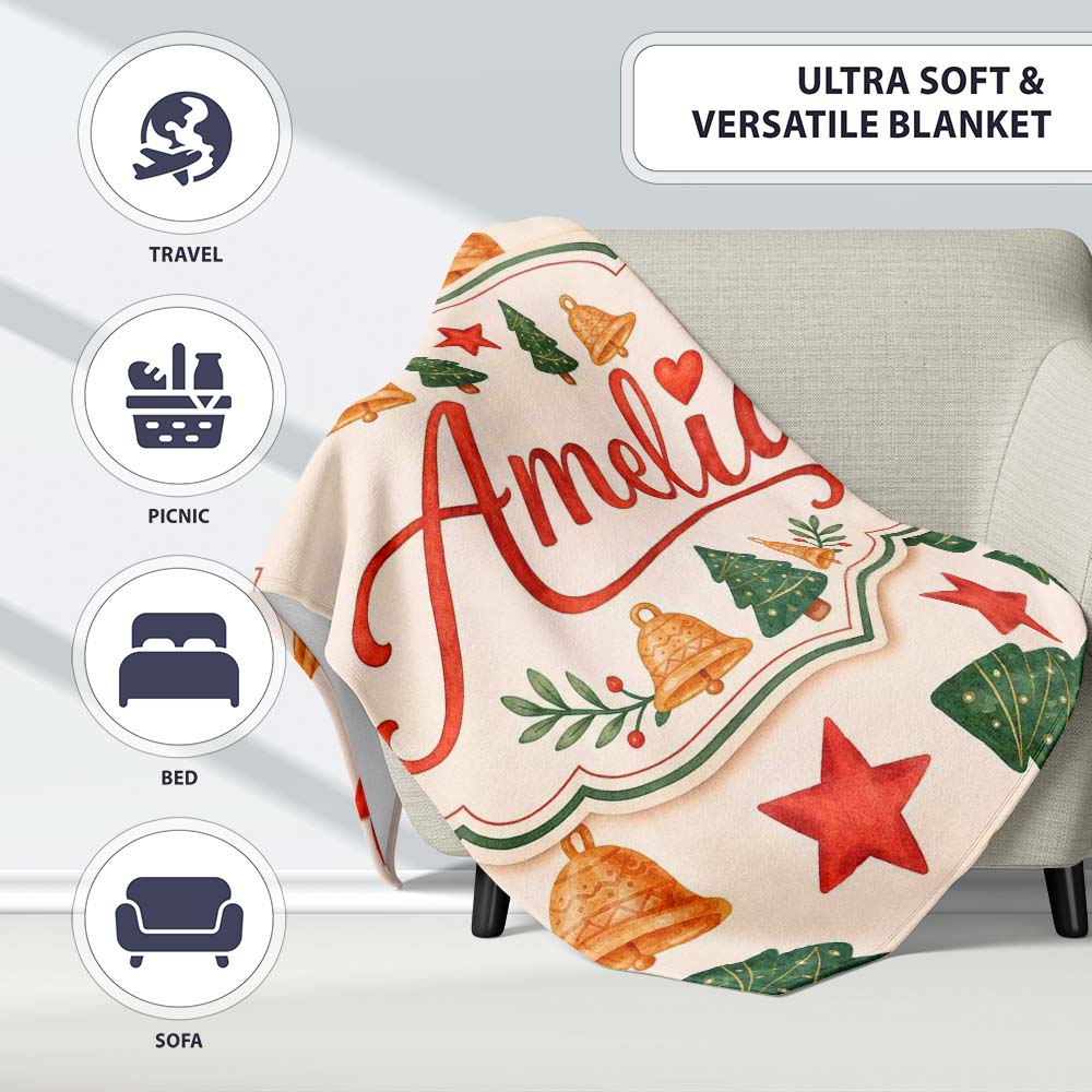 Watercolor Christmas Tree Star Bell Minimal Holiday Seamless Pattern Personalised Custom Name Super Soft Fleece Blanket Bed Sofa Throw