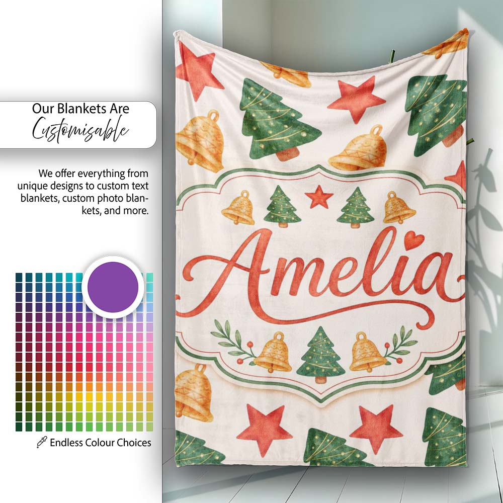 Watercolor Christmas Tree Star Bell Minimal Holiday Seamless Pattern Personalised Custom Name Super Soft Fleece Blanket Bed Sofa Throw