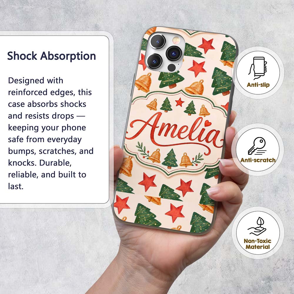 Watercolor Christmas Tree Star Printed Design Custom Name Protective Phone Case Mobile Cover Durable Everyday Smartphone Shock Resistant