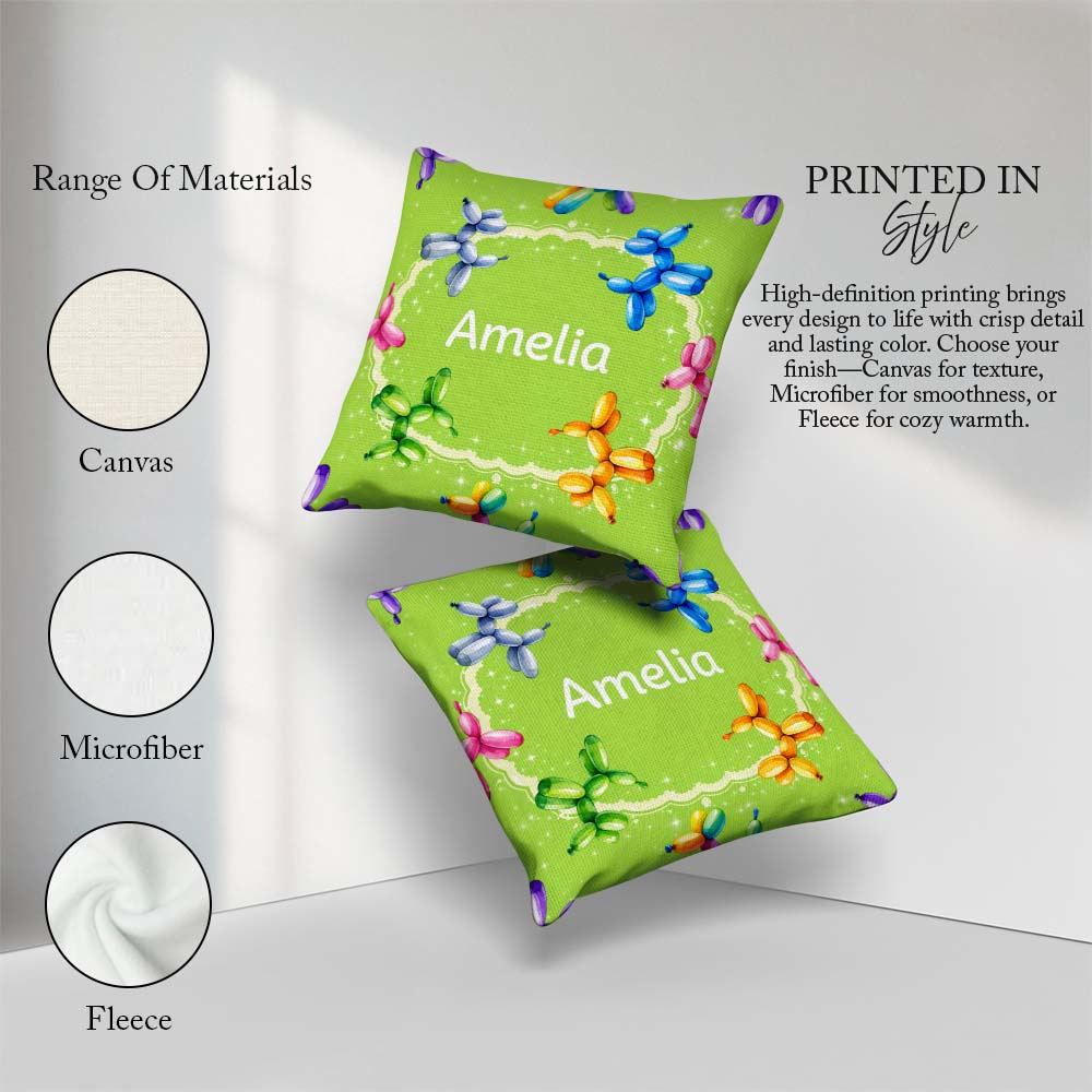 Custom Name Balloon Dog Seamless Green Background Colorful Party Square Filled Cushion Throw Pillow Sofa Bed Home Decor Zip Washable UK Made
