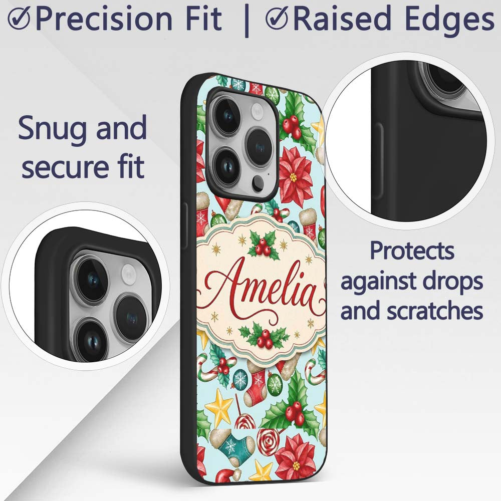 Bright Christmas Poinsettia Candy Cane Holly Custom Name Protective Phone Case Mobile Cover Durable Everyday Smartphone Shock Resistant