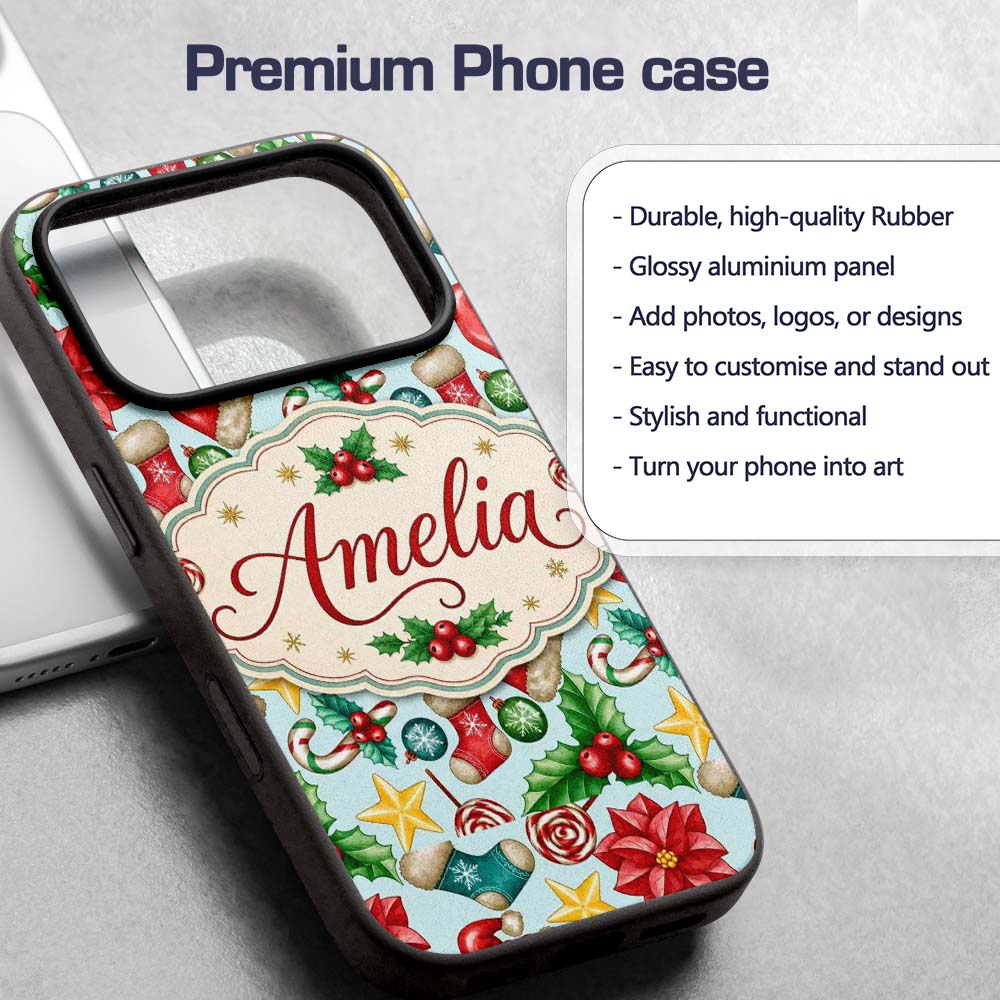 Bright Christmas Poinsettia Candy Cane Holly Custom Name Protective Phone Case Mobile Cover Durable Everyday Smartphone Shock Resistant