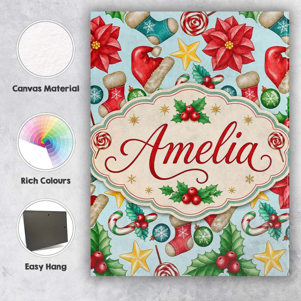 Personalised Name Bright Christmas Poinsettia Custom Unique Gift Idea Modern Room Accent Canvas Wall Art Print Decor Picture Ready to Hang