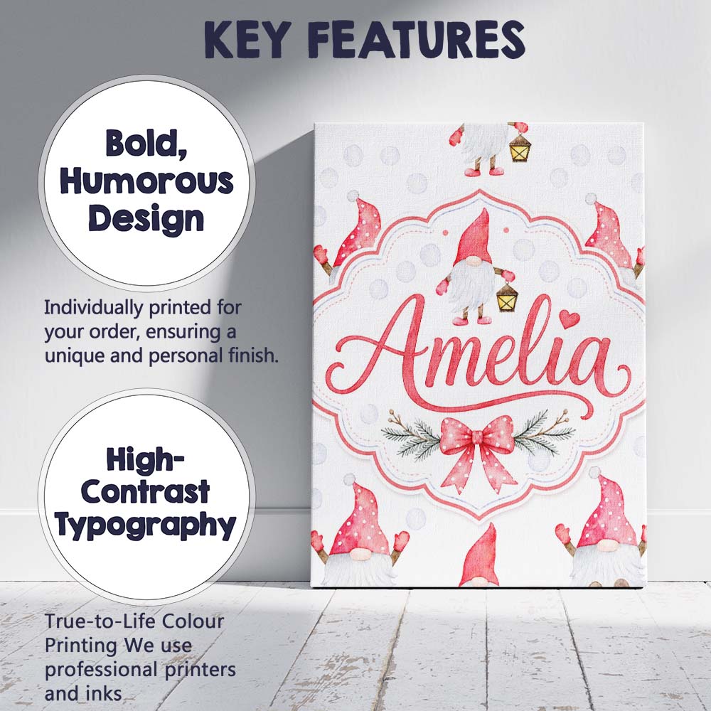 Personalised Name Cute Christmas Gnome Custom Modern Room Accent Elegant Feature Canvas Wall Art Print Decor Picture Ready to Hang
