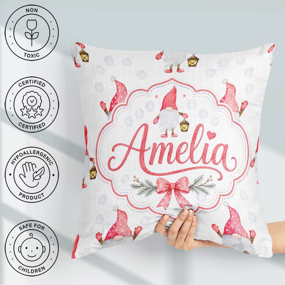 Custom Name Cute Christmas Gnome Lantern Snow Polka Dot Seamless Square Filled Cushion Throw Pillow Sofa Bed Home Decor Zip Washable UK Made