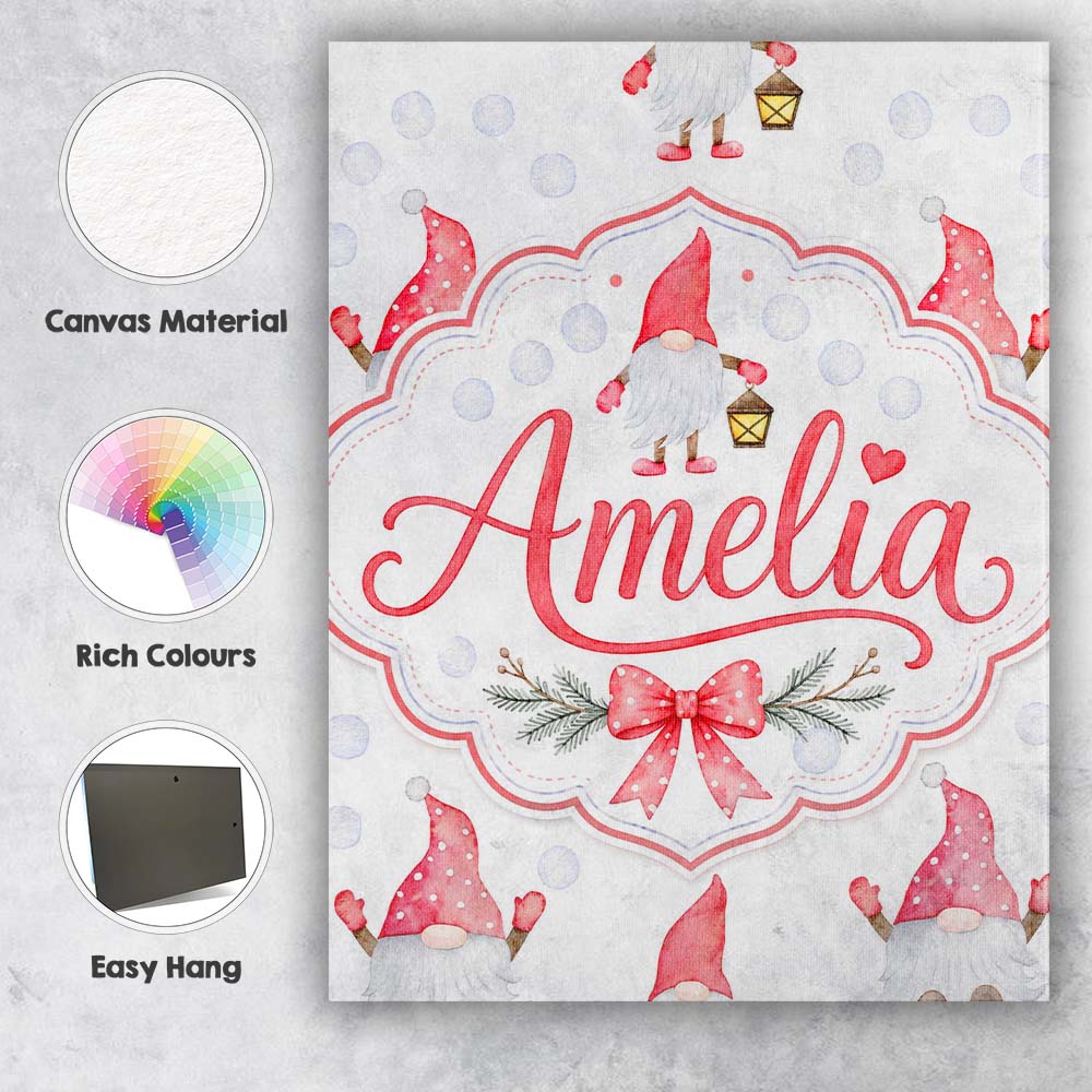 Personalised Name Cute Christmas Gnome Custom Modern Room Accent Elegant Feature Canvas Wall Art Print Decor Picture Ready to Hang
