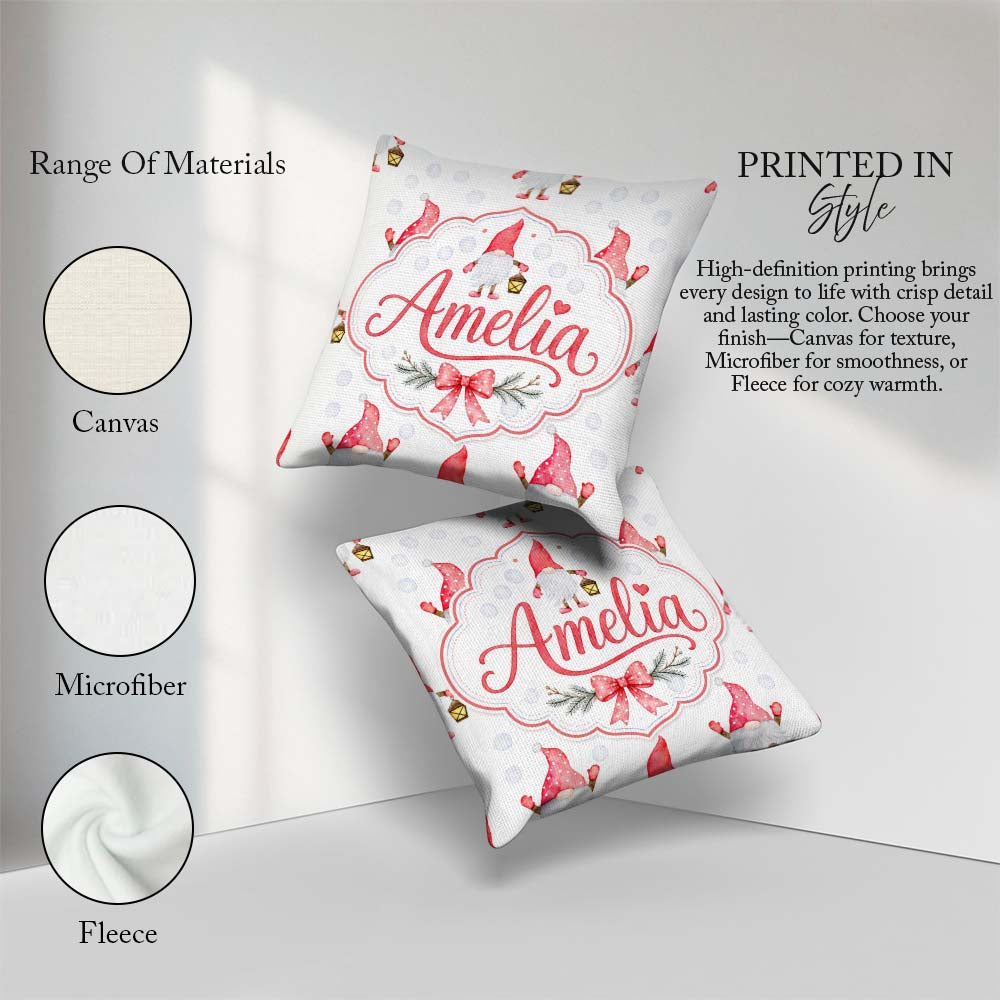 Custom Name Cute Christmas Gnome Lantern Snow Polka Dot Seamless Square Filled Cushion Throw Pillow Sofa Bed Home Decor Zip Washable UK Made