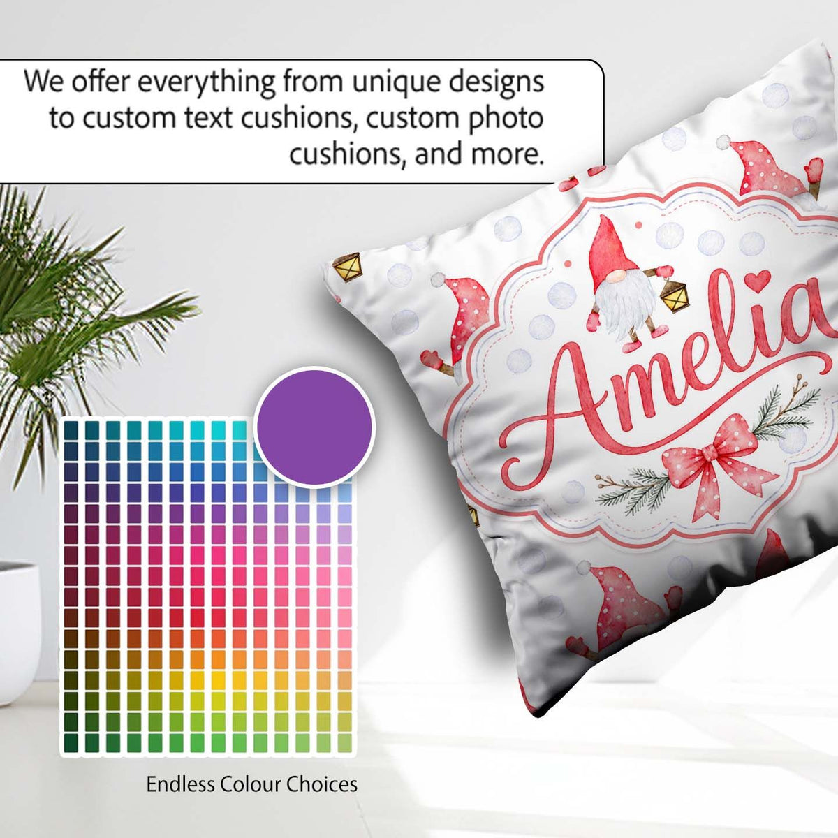 Custom Name Cute Christmas Gnome Lantern Snow Polka Dot Seamless Square Filled Cushion Throw Pillow Sofa Bed Home Decor Zip Washable UK Made