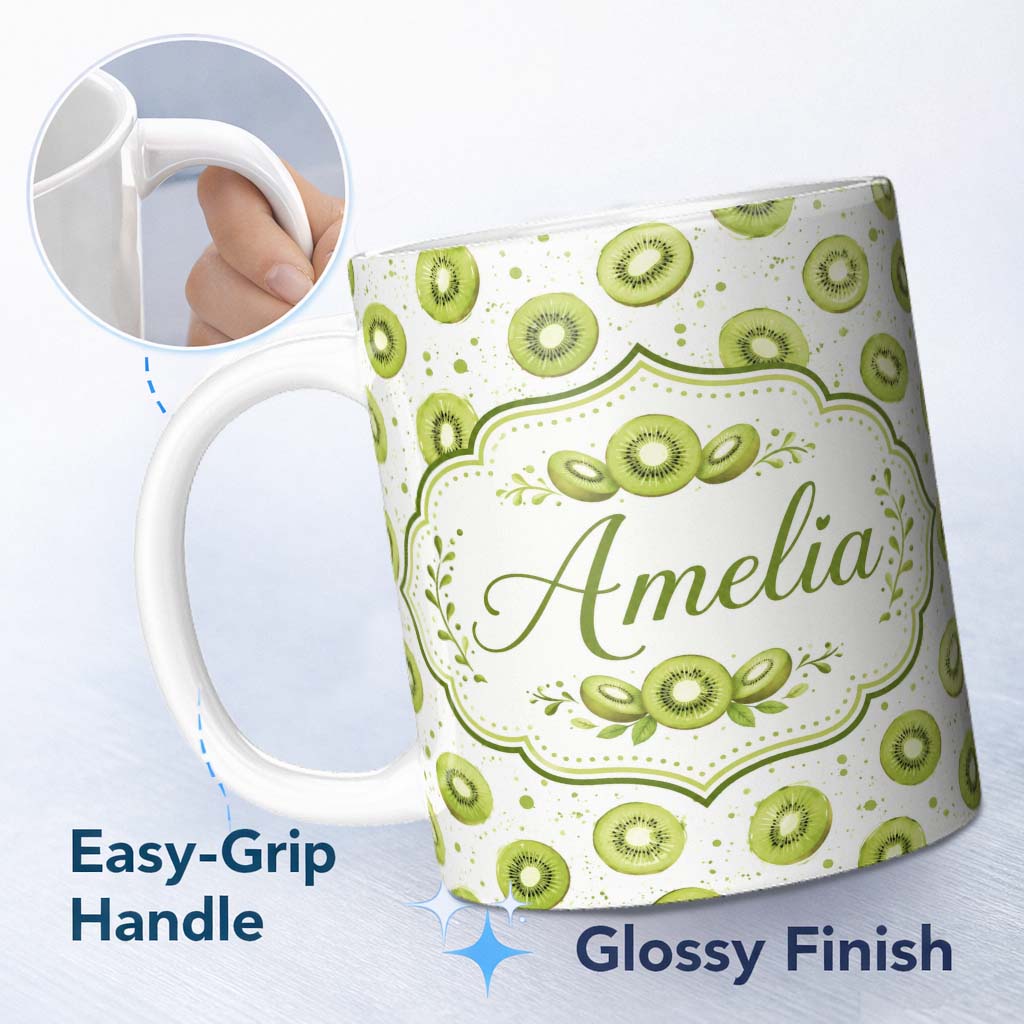 Personalized Custom Name Watercolor Kiwi Slice Scatter Seamless Fruit Pattern on White Lovely 11oz Ceramic Coffee Tea Mug White Large Handle