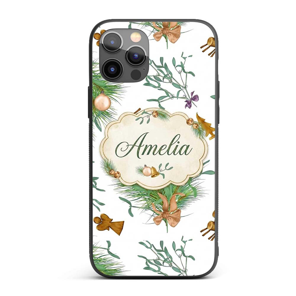 Elegant Christmas Pine Branch Mistletoe Ornament Custom Name Protective Phone Case Mobile Cover Durable Everyday Smartphone Shock Resistant