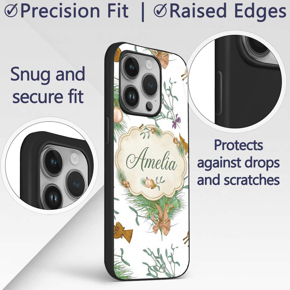 Elegant Christmas Pine Branch Mistletoe Ornament Custom Name Protective Phone Case Mobile Cover Durable Everyday Smartphone Shock Resistant
