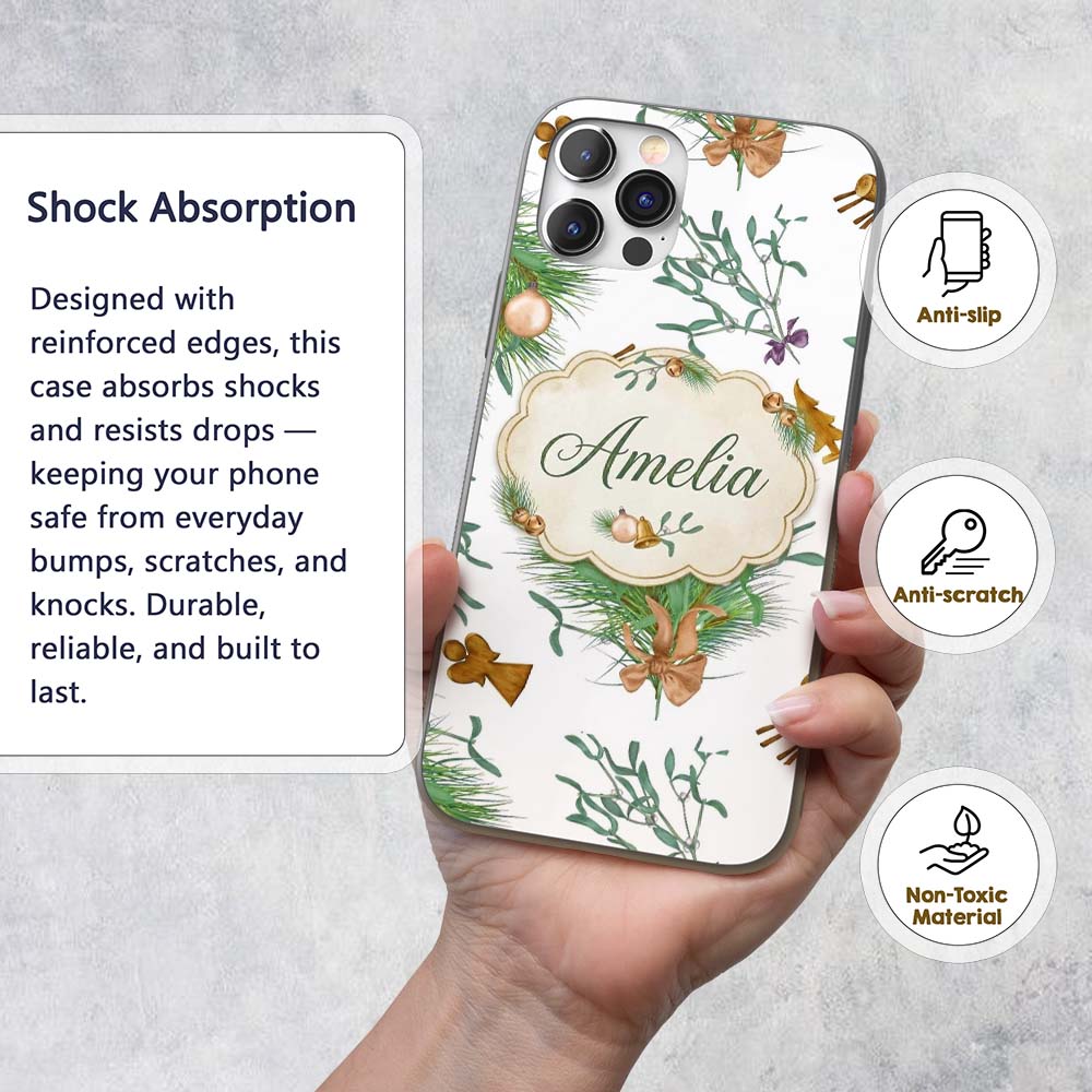 Elegant Christmas Pine Branch Mistletoe Ornament Custom Name Protective Phone Case Mobile Cover Durable Everyday Smartphone Shock Resistant