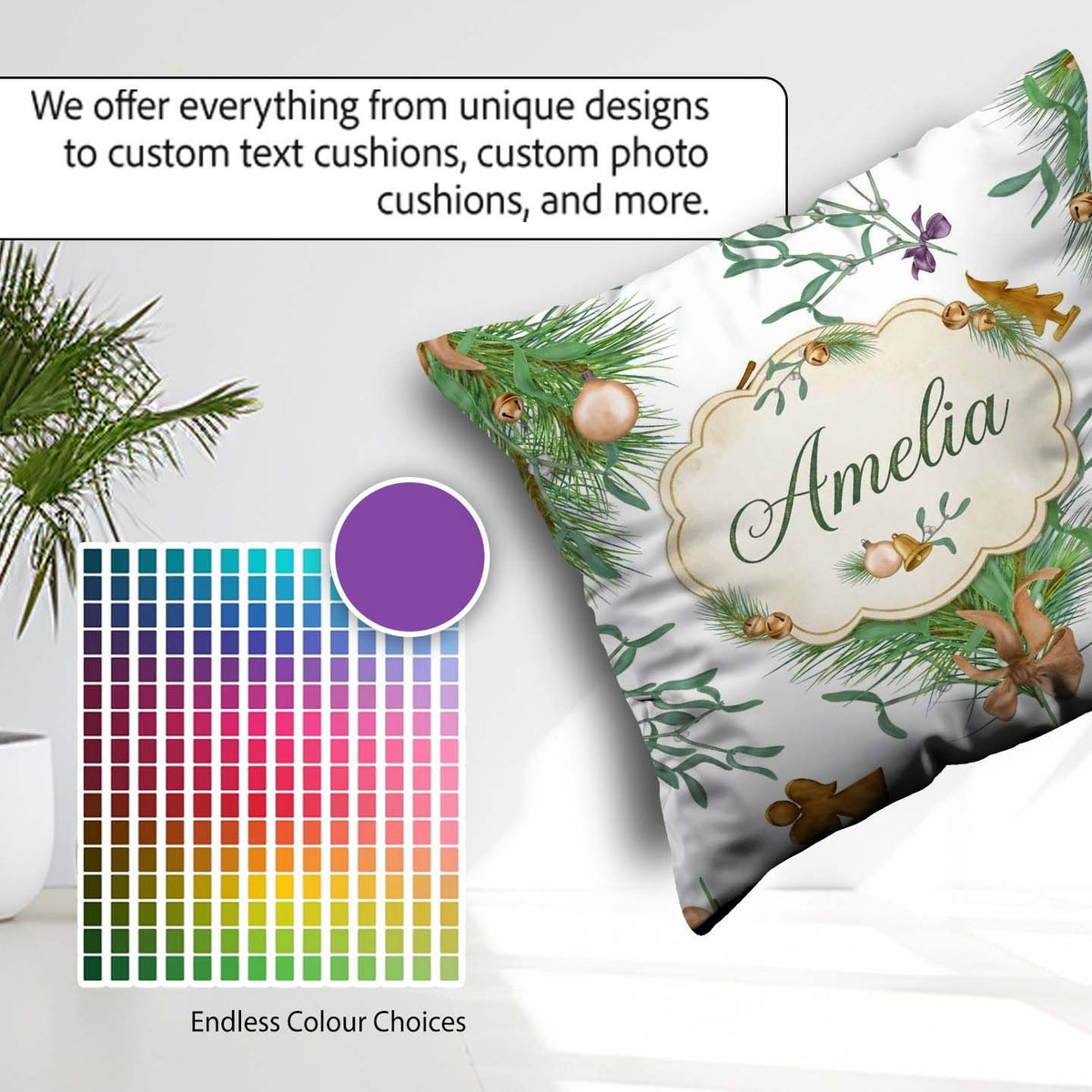 Custom Name Elegant Christmas Branch Mistletoe Ornament Seamless Square Filled Cushion Throw Pillow Sofa Bed Home Decor Zip Washable UK Made