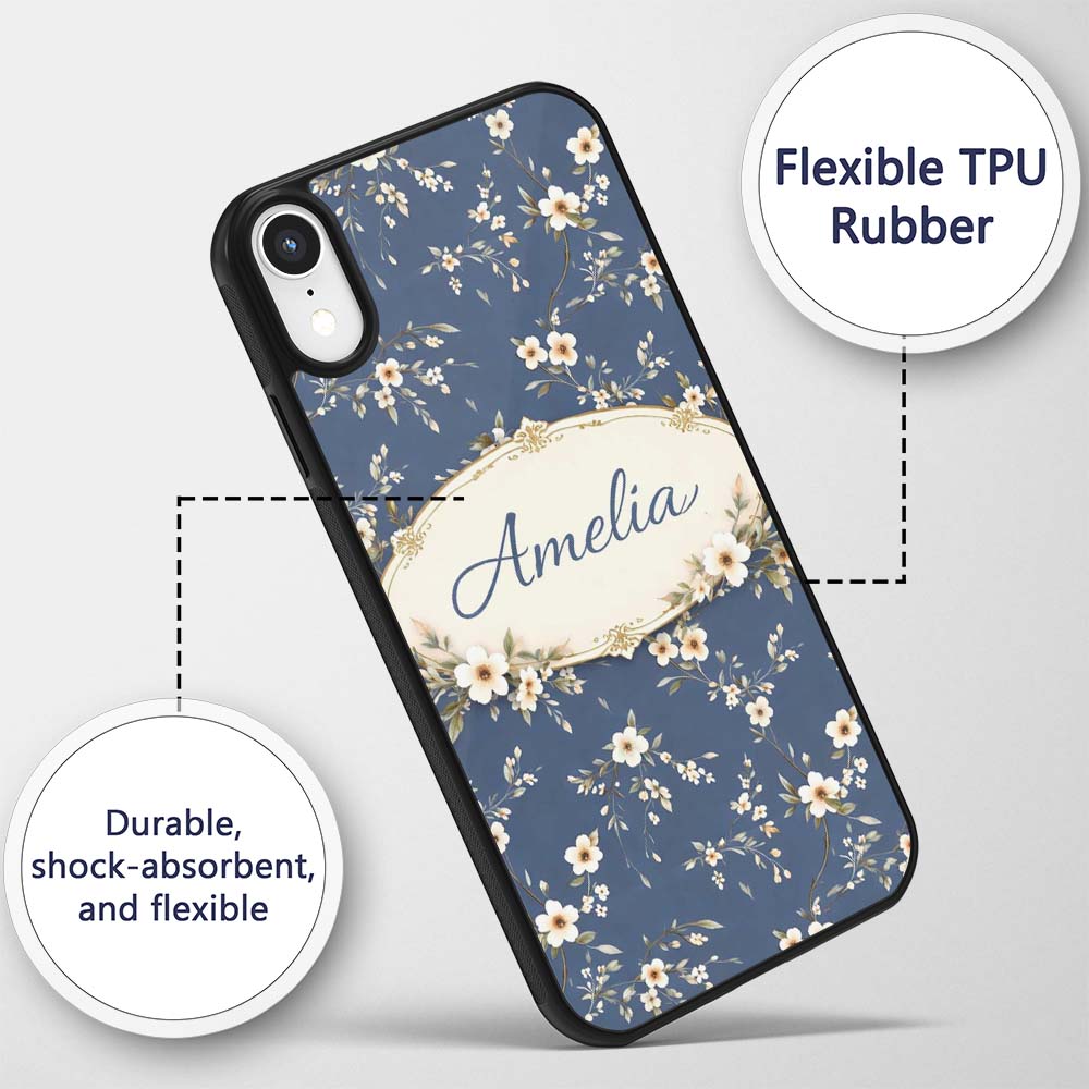 Elegant Navy Floral Vine Delicate Printed Design Custom Name Protective Phone Case Mobile Cover Durable Everyday Smartphone Shock Resistant