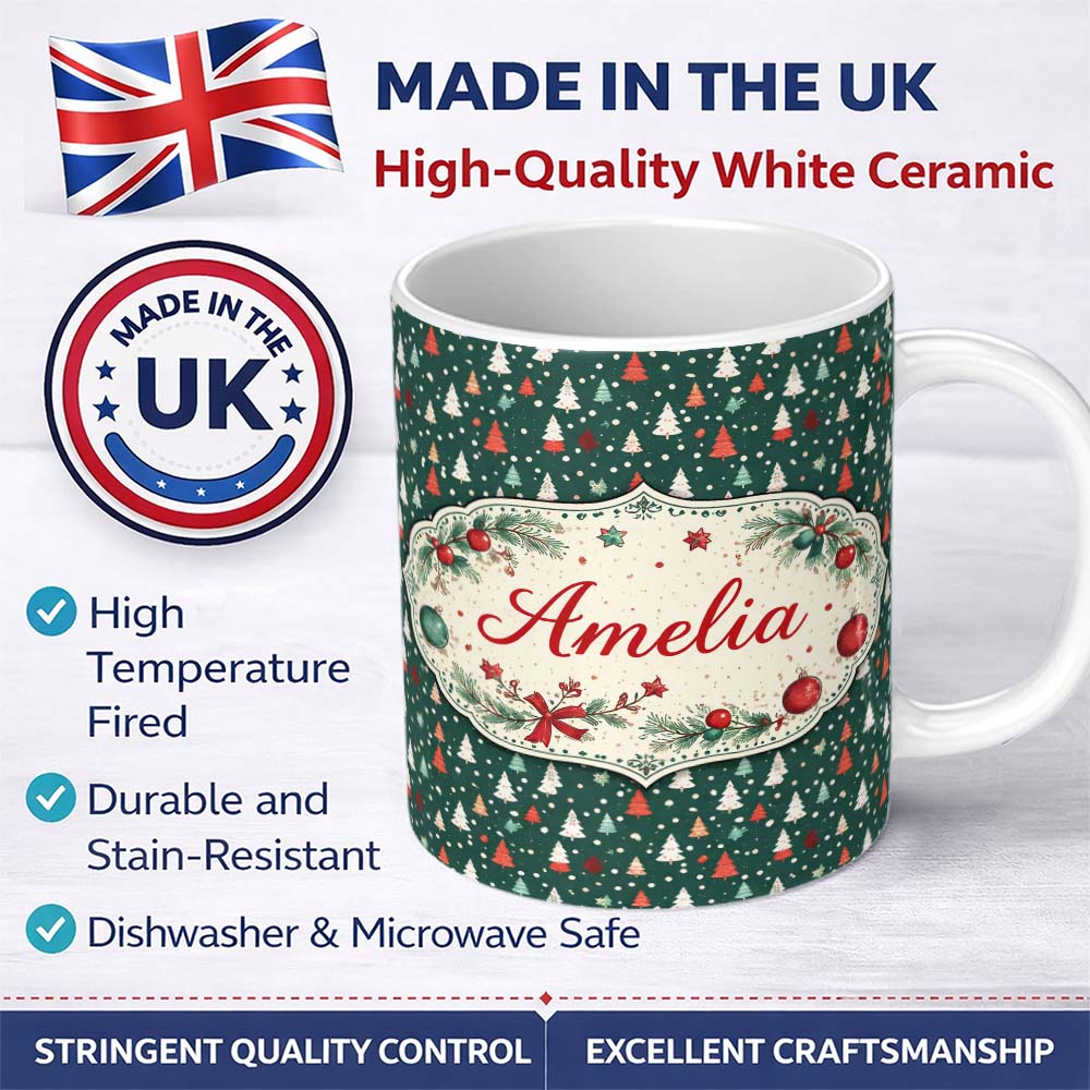 Personalized Custom Name Minimal Christmas Trees Polka Dot Green Seamless Pattern Lovely 11oz Ceramic Coffee Tea Mug White Large Handle