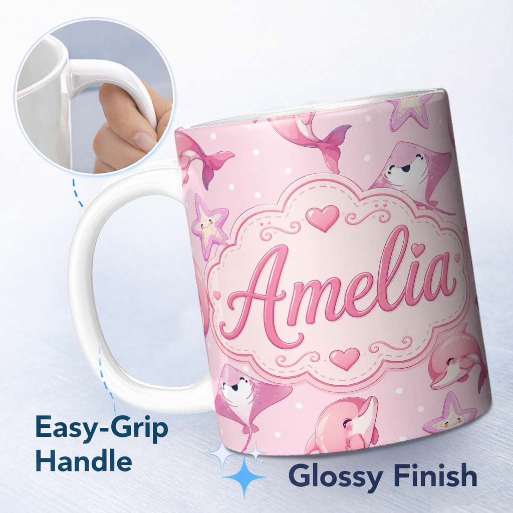 Personalized Custom Name Pink Dolphin Stingray Starfish Ocean Creatures Soft Blush Polka Dot 11oz Ceramic Coffee Tea Mug White Large Handle