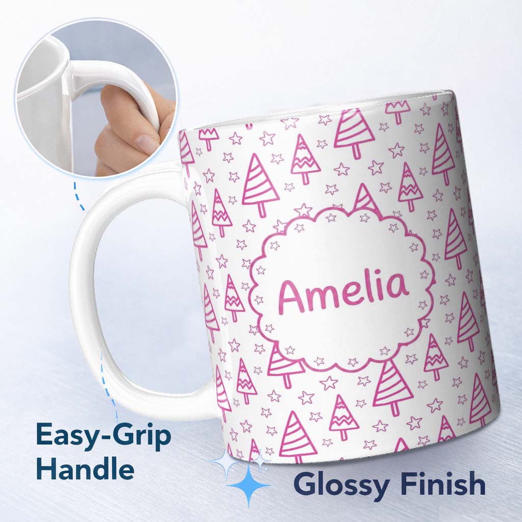 Personalized Custom Name Cute Pink Christmas Tree Star Doodle Seamless Pattern Lovely 11oz Ceramic Coffee Tea Mug White Large Handle