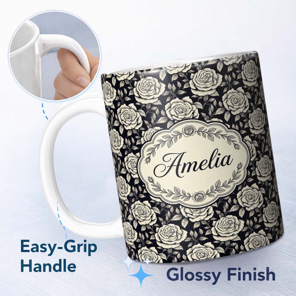 Personalized Custom Name Monochrome Rose Floral Pattern on Dark Background Seamless Pattern 11oz Ceramic Coffee Tea Mug White Large Handle