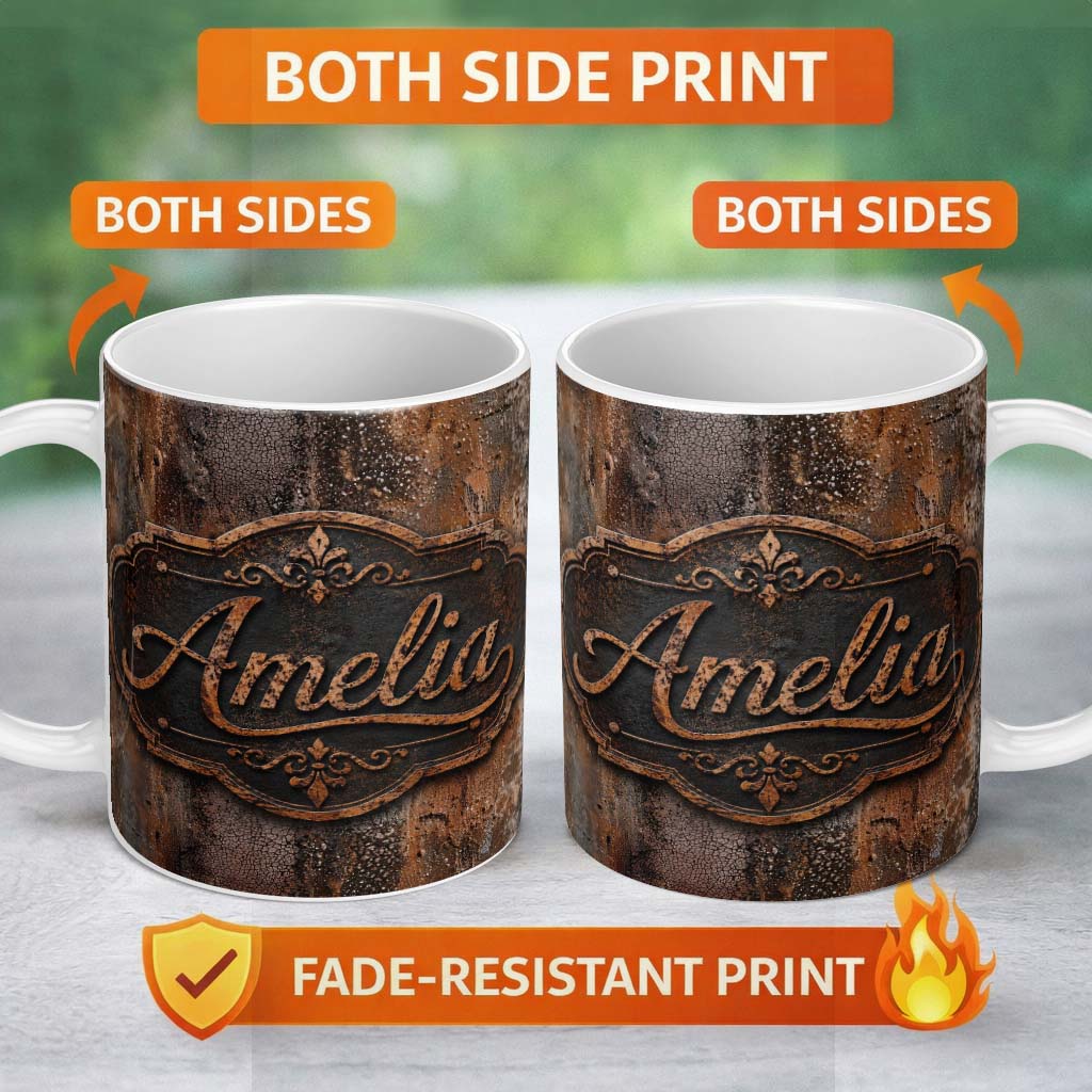 Personalized Custom Name Distressed Rust Metal Surface Texture Dark Brown Grunge Seamless 11oz Ceramic Coffee Tea Mug White Large Handle