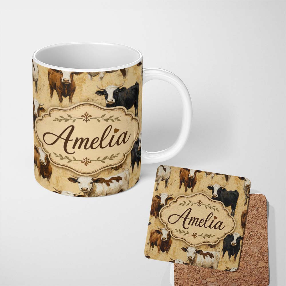 Personalized Custom Name Painterly Cow Cattle Portrait Farm Animal Seamless Pattern Lovely 11oz Ceramic Coffee Tea Mug White Large Handle