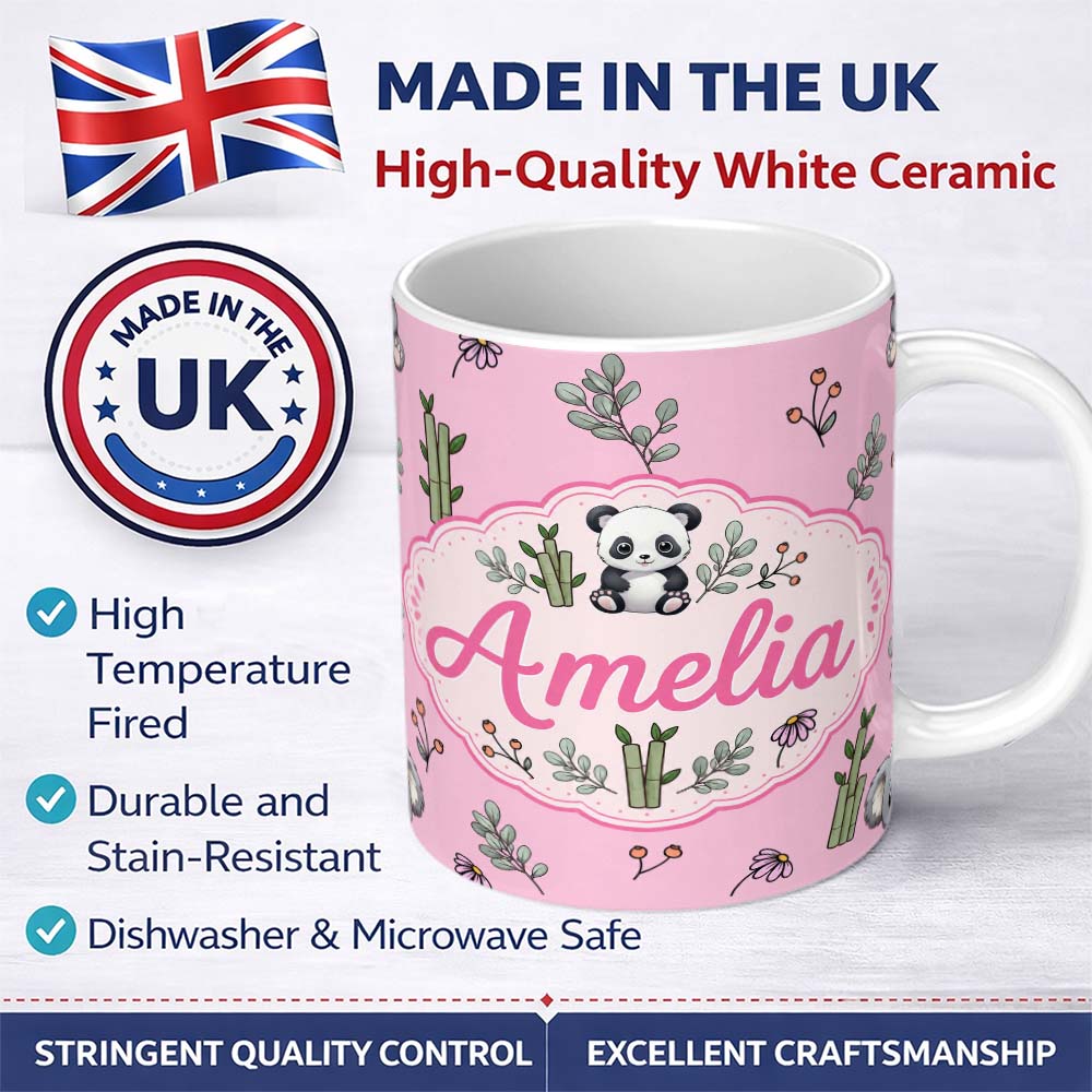 Personalized Custom Name Cute Panda Bamboo and Floral Minimal Seamless Pattern on Blush Pink 11oz Ceramic Coffee Tea Mug White Large Handle
