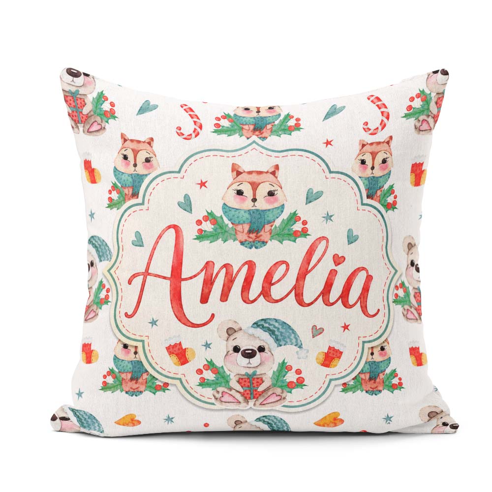 Custom Name Woodland Fox Bear Candy Cane Winter Seamless Pattern Square Filled Cushion Throw Pillow Sofa Bed Home Decor Zip Washable UK Made