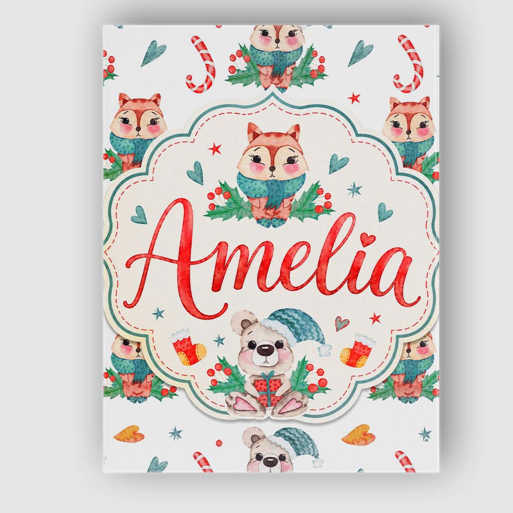 Personalised Name Cute Woodland Fox Bear Custom Unique Gift Idea Elegant Feature Canvas Wall Art Print Decor Picture Ready to Hang