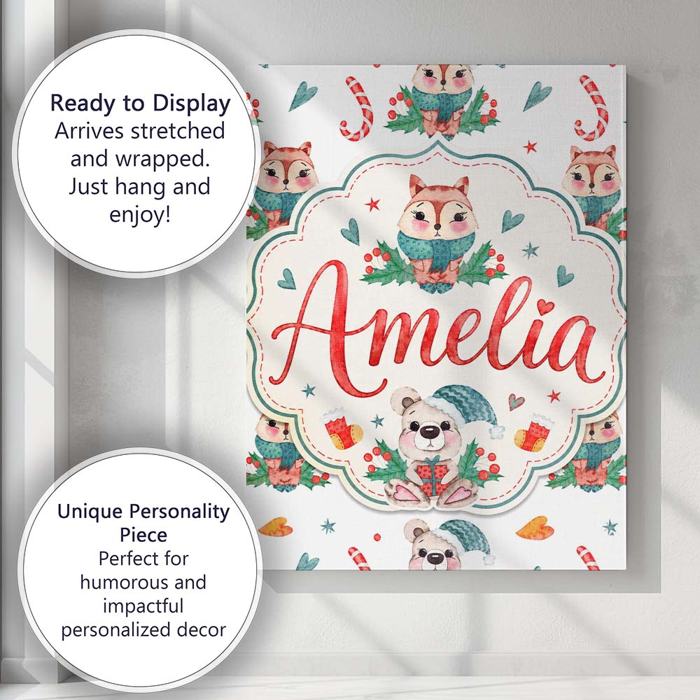 Personalised Name Cute Woodland Fox Bear Custom Unique Gift Idea Elegant Feature Canvas Wall Art Print Decor Picture Ready to Hang