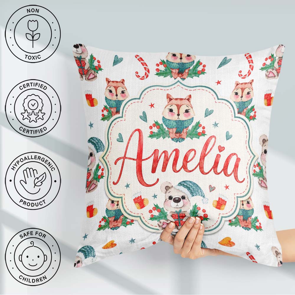 Custom Name Woodland Fox Bear Candy Cane Winter Seamless Pattern Square Filled Cushion Throw Pillow Sofa Bed Home Decor Zip Washable UK Made