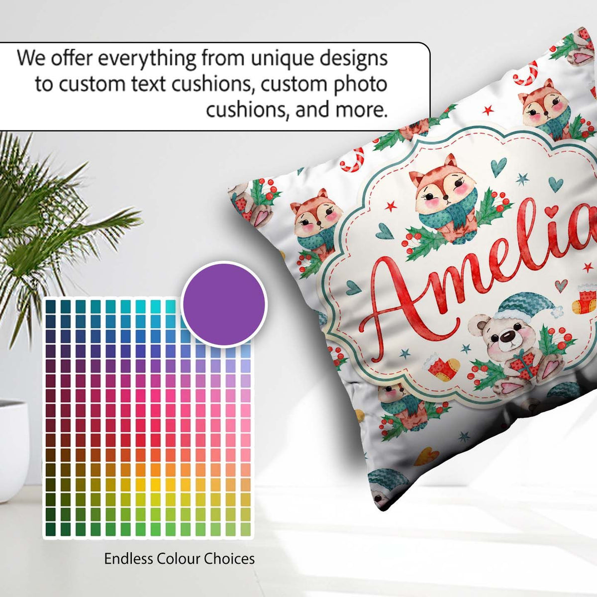 Custom Name Woodland Fox Bear Candy Cane Winter Seamless Pattern Square Filled Cushion Throw Pillow Sofa Bed Home Decor Zip Washable UK Made