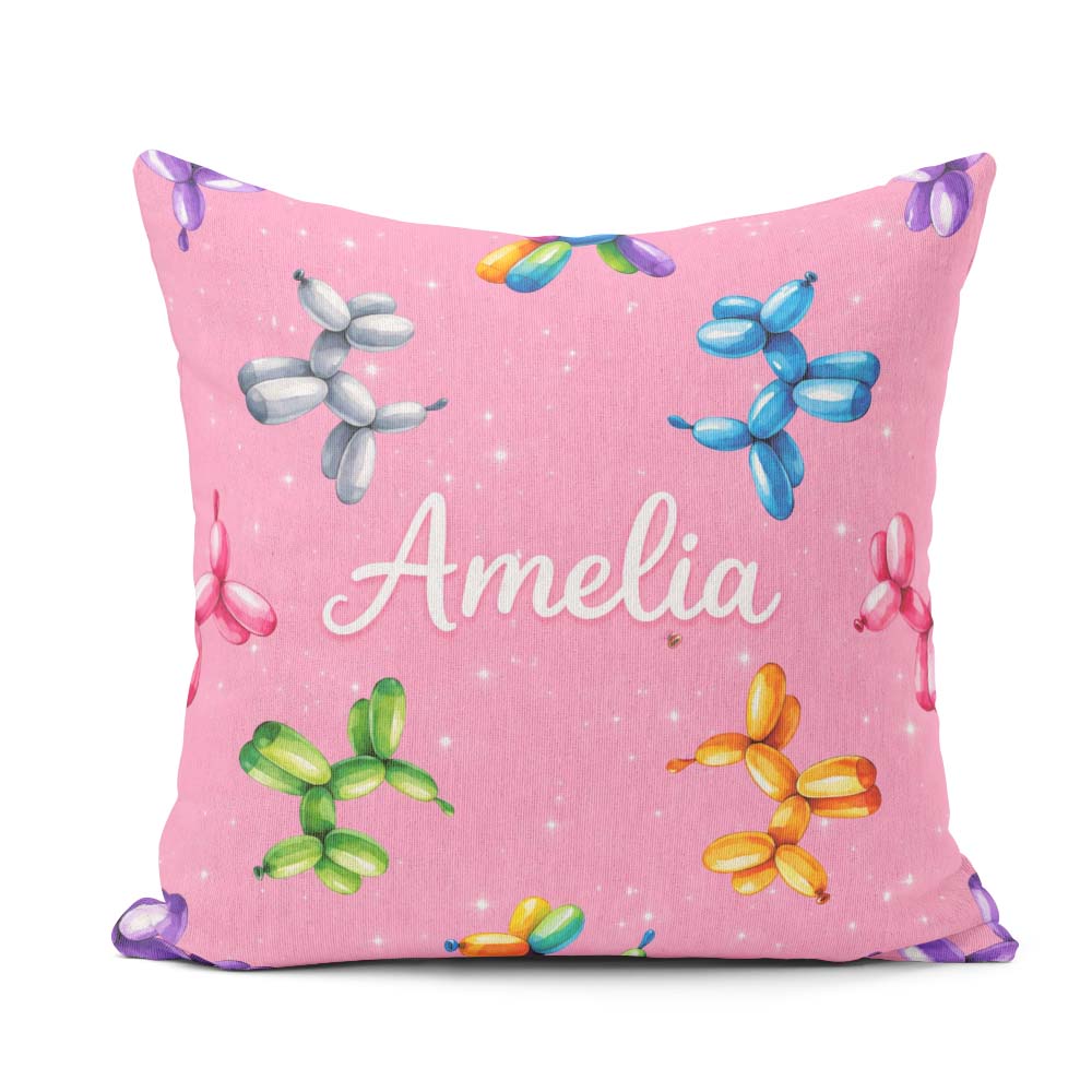 Custom Name Balloon Dog Seamless Pink Background Colorful Design Square Filled Cushion Throw Pillow Sofa Bed Home Decor Zip Washable UK Made