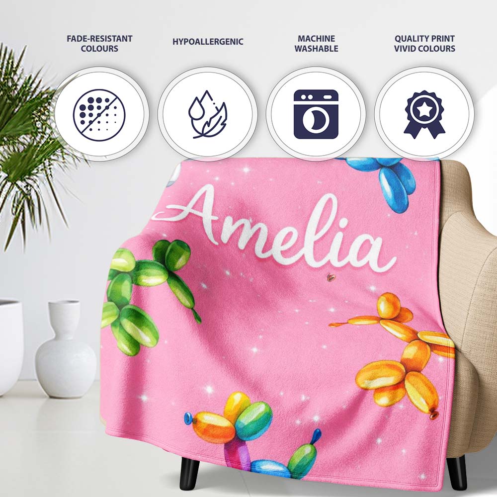 Balloon Dog Seamless Pattern Pink Background Colorful Party Design Personalised Custom Name Super Soft Fleece Blanket Bed Sofa Throw