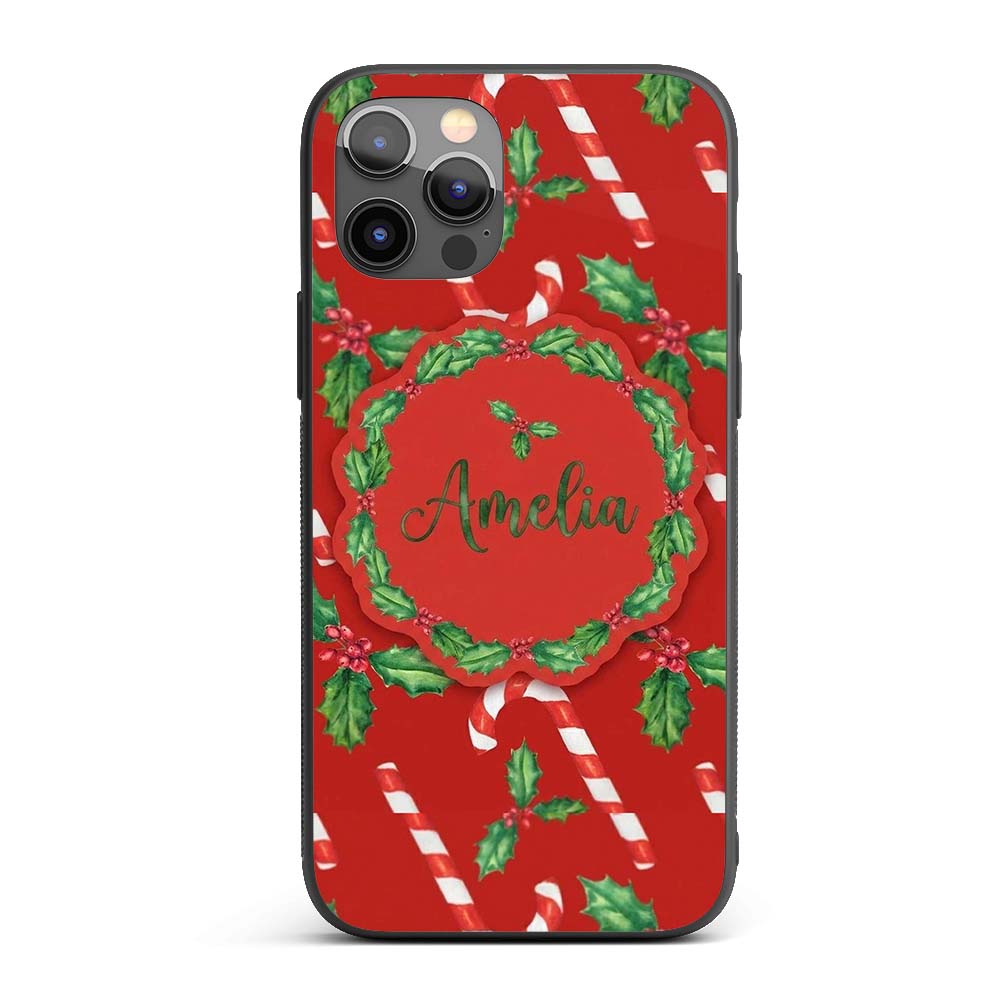 Festive Candy Cane Holly Berry Red Background Custom Name Protective Phone Case Mobile Cover Durable Everyday Smartphone Shock Resistant