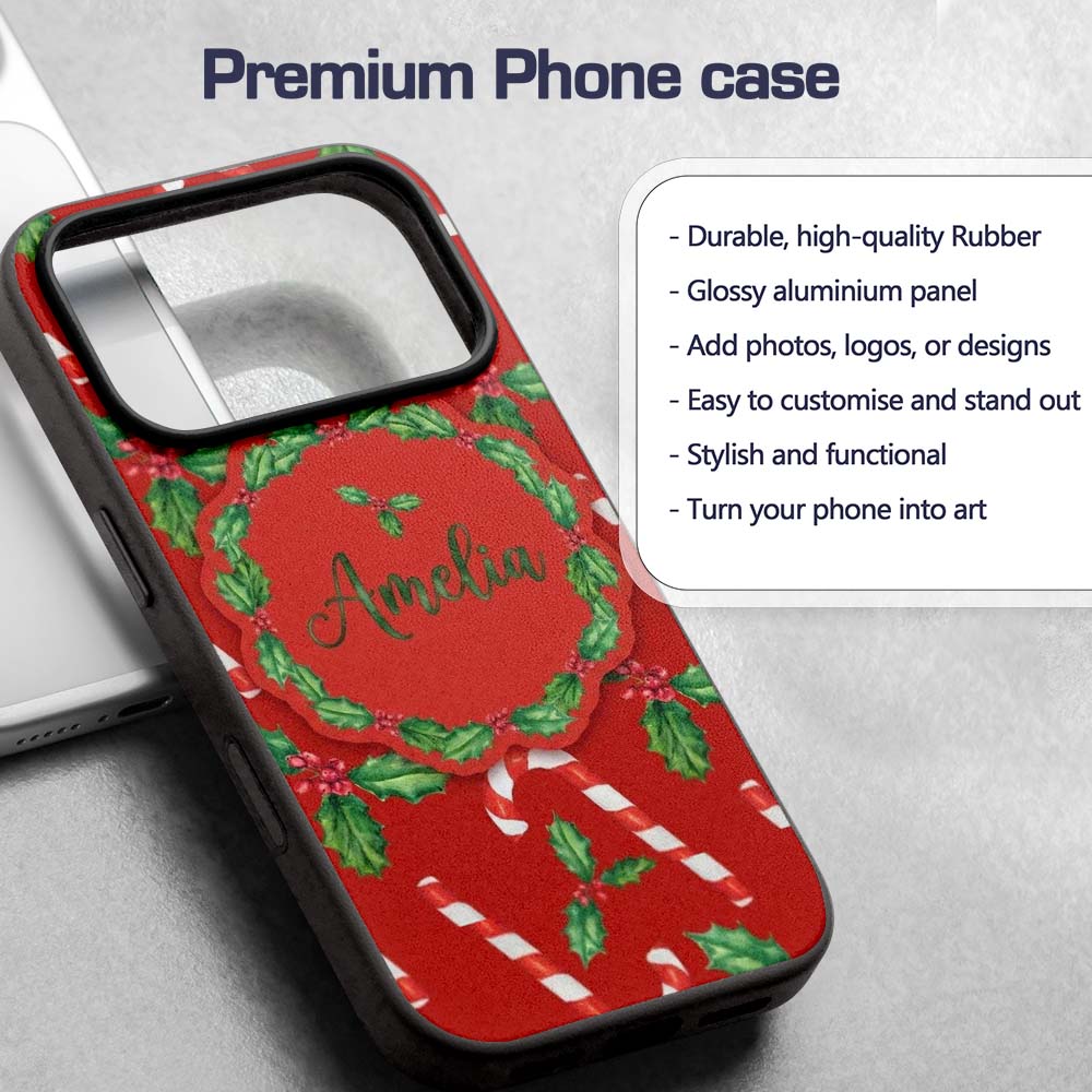 Festive Candy Cane Holly Berry Red Background Custom Name Protective Phone Case Mobile Cover Durable Everyday Smartphone Shock Resistant