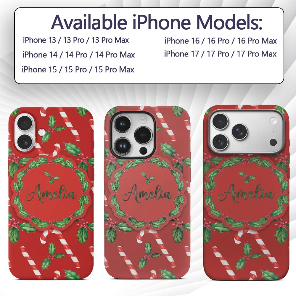 Festive Candy Cane Holly Berry Red Background Custom Name Protective Phone Case Mobile Cover Durable Everyday Smartphone Shock Resistant