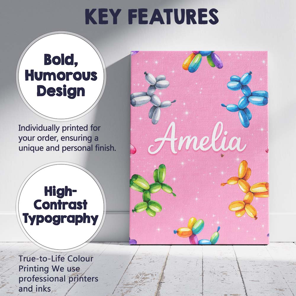 Personalised Name Balloon Dog Seamless Pattern Pink Background Custom Modern Room Accent Canvas Wall Art Print Decor Picture Ready to Hang