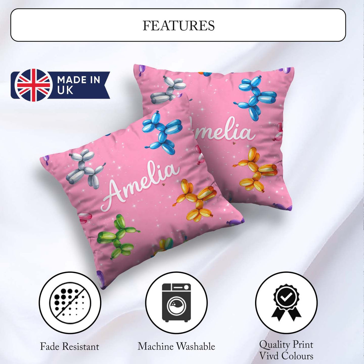 Custom Name Balloon Dog Seamless Pink Background Colorful Design Square Filled Cushion Throw Pillow Sofa Bed Home Decor Zip Washable UK Made