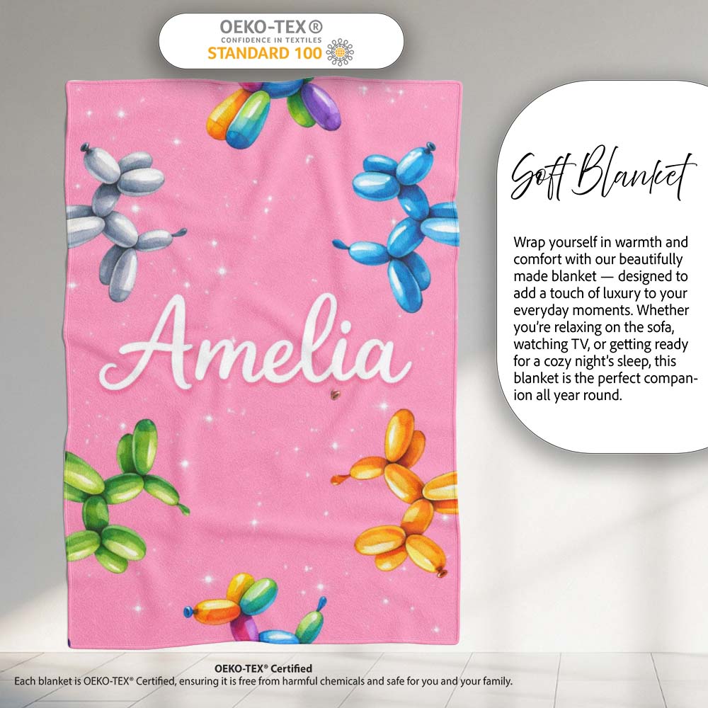 Balloon Dog Seamless Pattern Pink Background Colorful Party Design Personalised Custom Name Super Soft Fleece Blanket Bed Sofa Throw