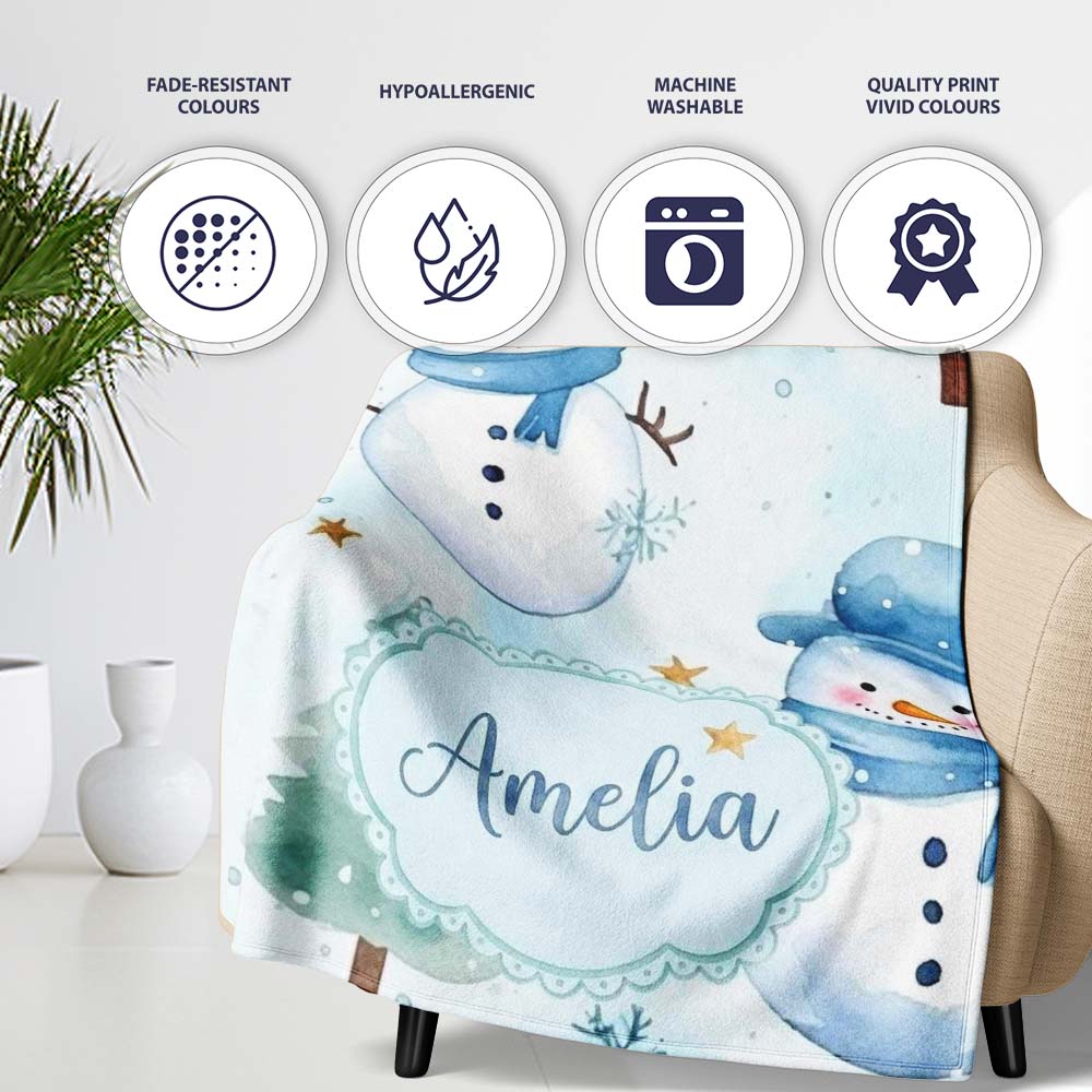 Cute Snowman Winter Snowflake Blue Holiday Seamless Pattern Lovely Personalised Custom Name Super Soft Fleece Blanket Bed Sofa Throw