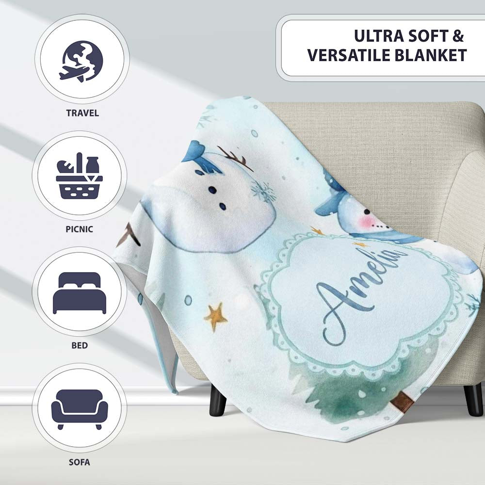 Cute Snowman Winter Snowflake Blue Holiday Seamless Pattern Lovely Personalised Custom Name Super Soft Fleece Blanket Bed Sofa Throw