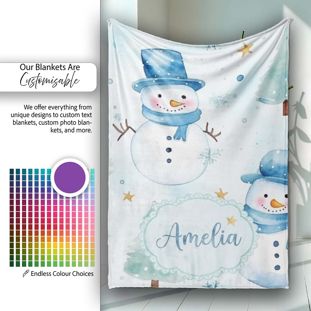 Cute Snowman Winter Snowflake Blue Holiday Seamless Pattern Lovely Personalised Custom Name Super Soft Fleece Blanket Bed Sofa Throw