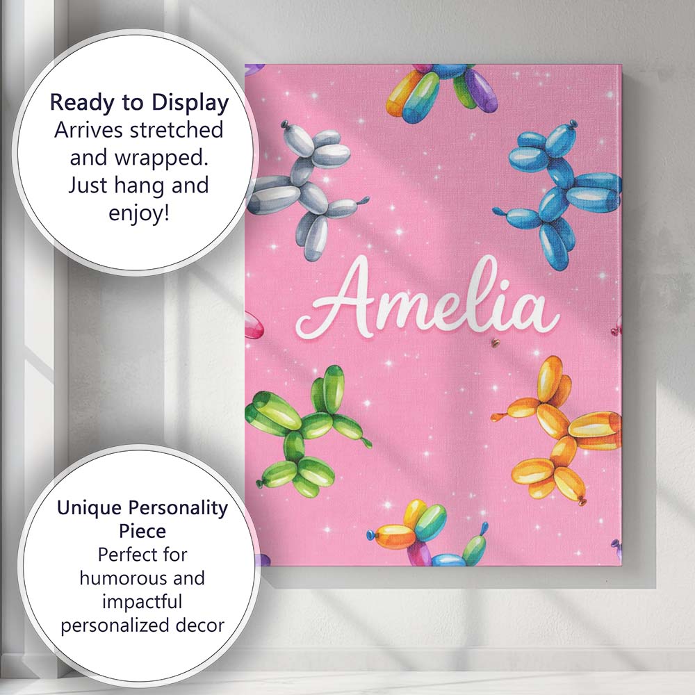 Personalised Name Balloon Dog Seamless Pattern Pink Background Custom Modern Room Accent Canvas Wall Art Print Decor Picture Ready to Hang